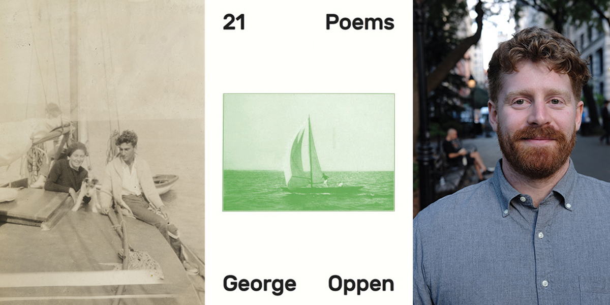 Photo of George Oppen, Image of 21 Poems book cover, photo of David. B Hobbs